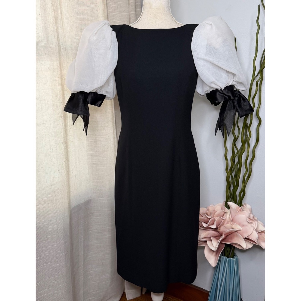 Vintage Rimini Puff Sleeve Dress Organza Bow Sheath Black White Midi Women's 4